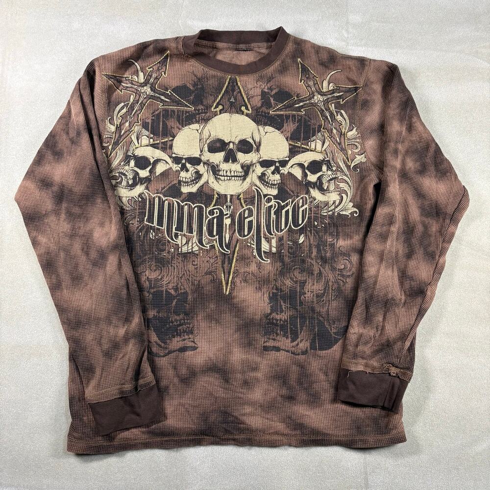 MMA Elite Long Sleeve Thermal Shirt Mens L Brown Skull Graphic Y2K Distressed